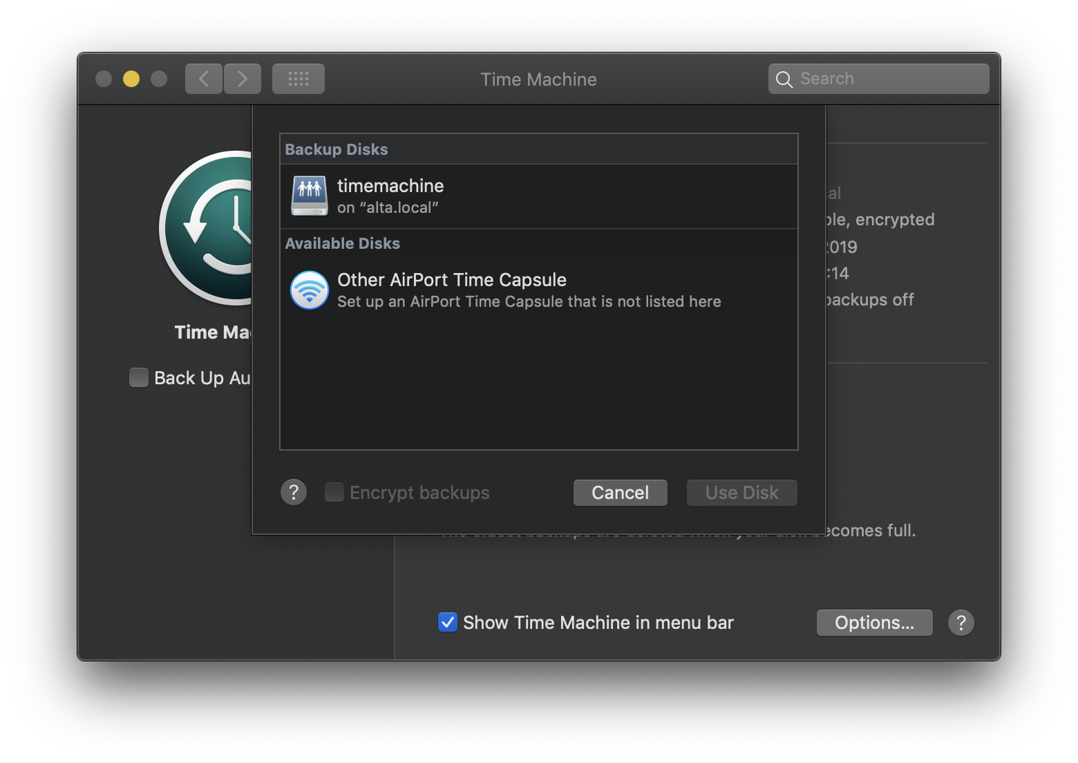 Select disk in Time Machine
